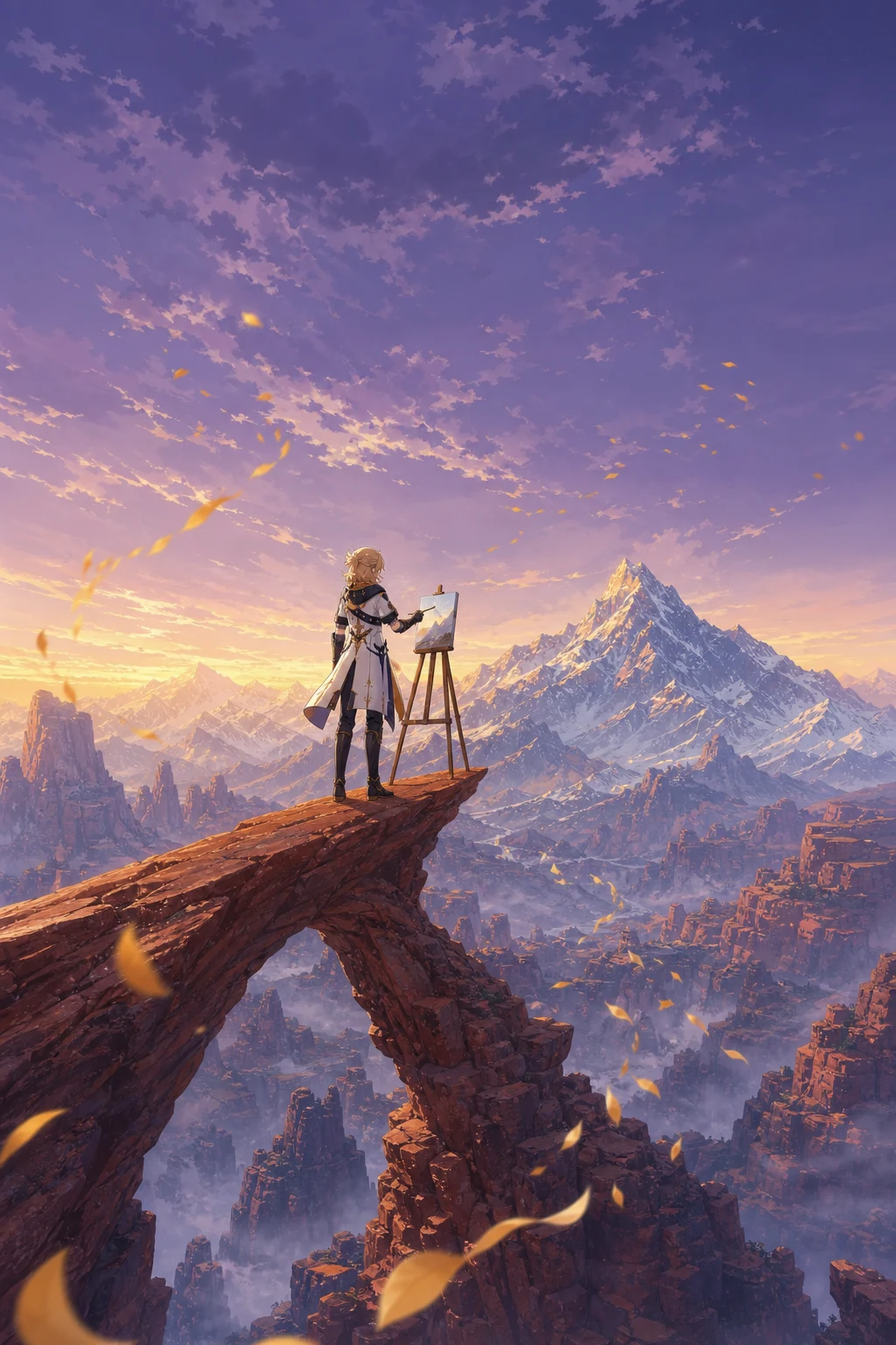 夕暮れの砂岩アーチ先端で絵を描くアルベドの遠景AI画像