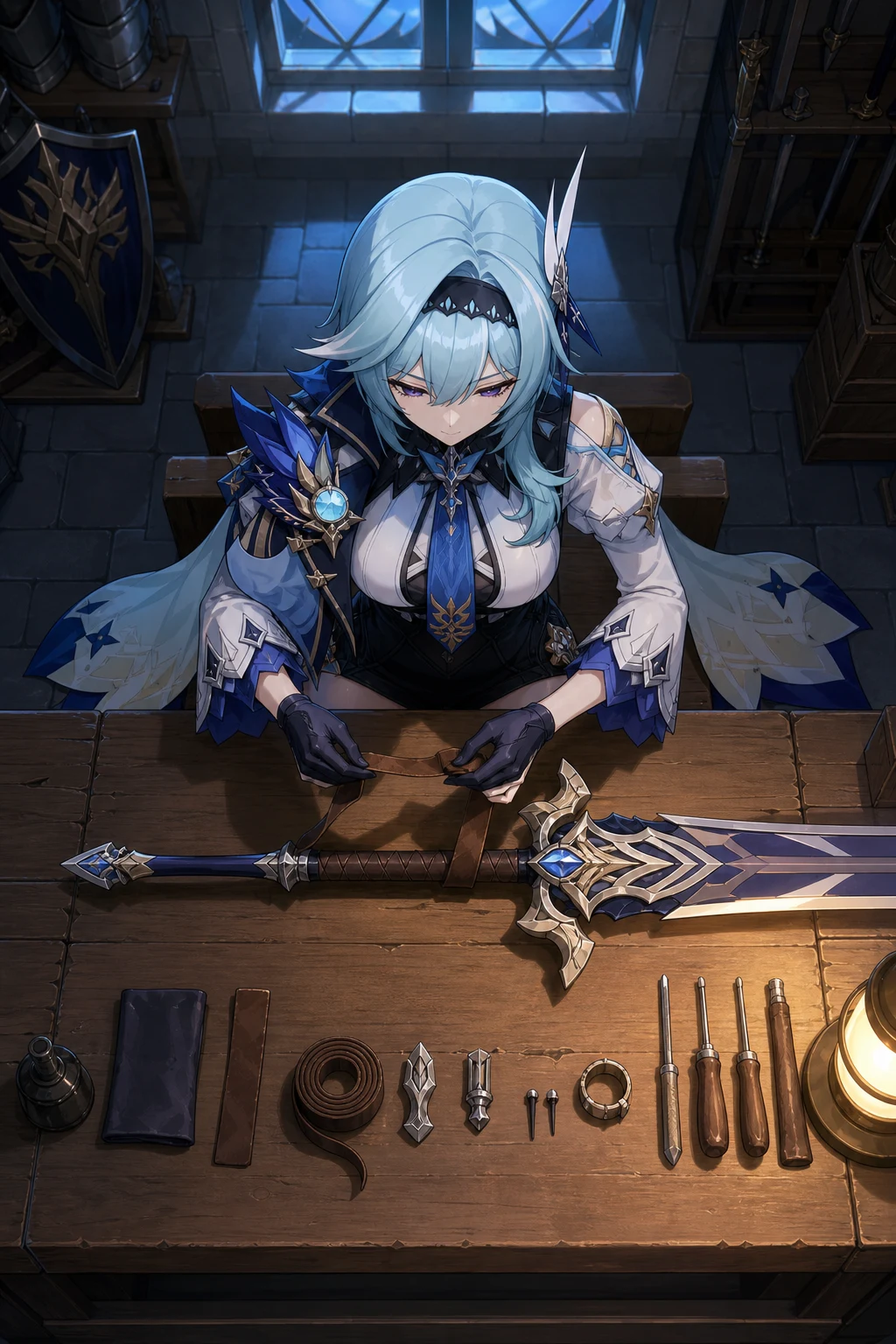 武器庫で両手剣の柄を修理するエウルアを真上から描いたAI画像