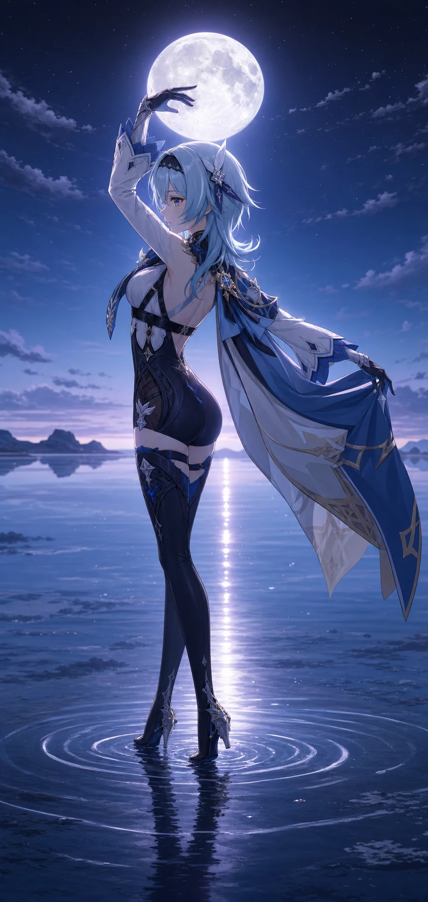 月下の浅瀬で舞う横顔のエウルアのAI画像