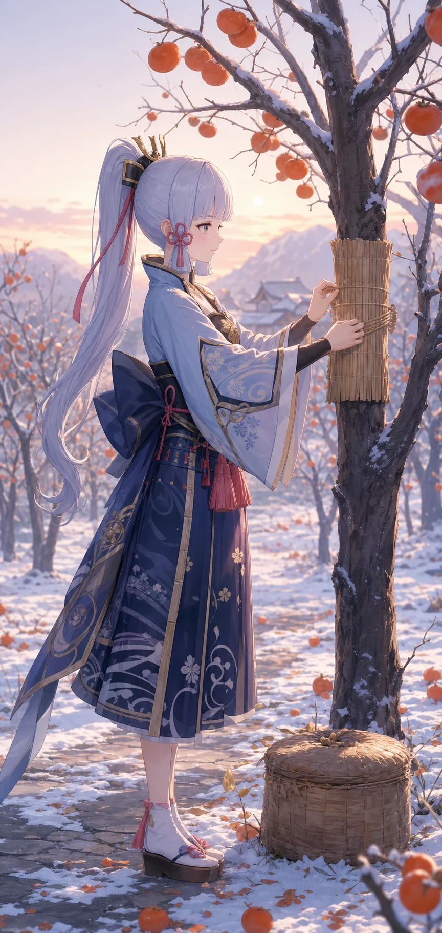 柿の木へ藁巻きを結ぶ横顔の神里綾華のAI画像